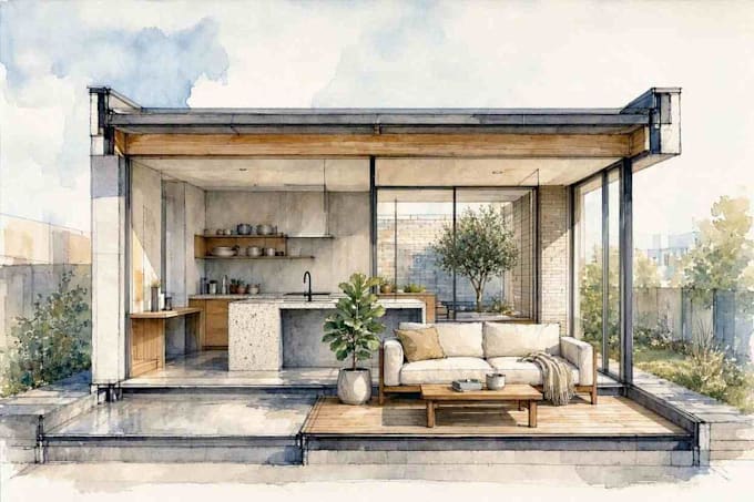 render architecture and interior concept in watercolor