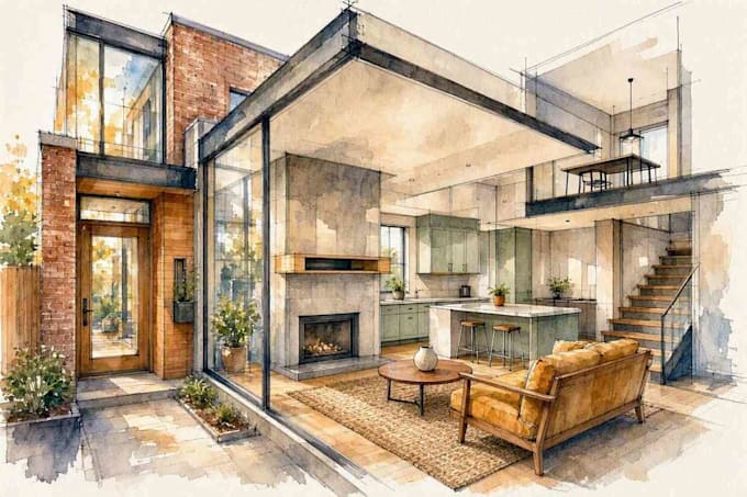 render architecture and interior concept in watercolor