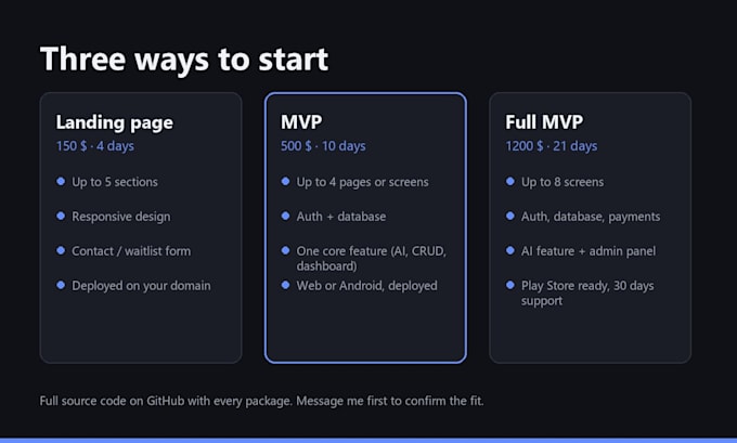 build your web app mvp, landing page or android app with ai features