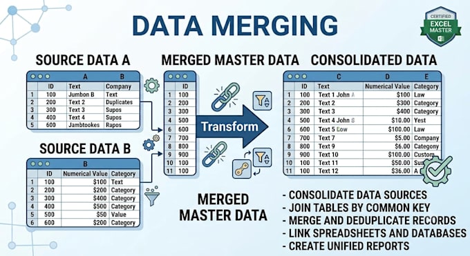 clean, format, merge, split excel data
