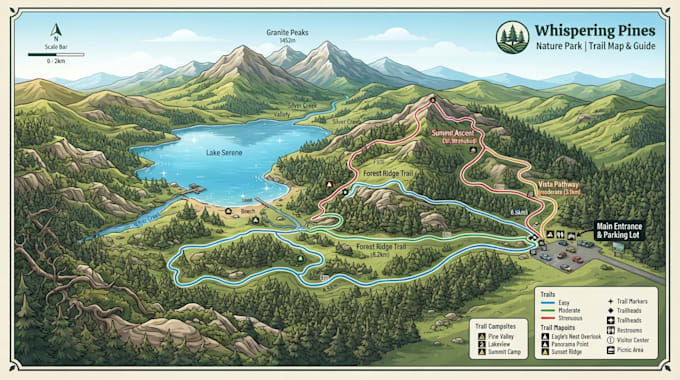 design custom hiking trail map, park map, adventure map and outdoor map