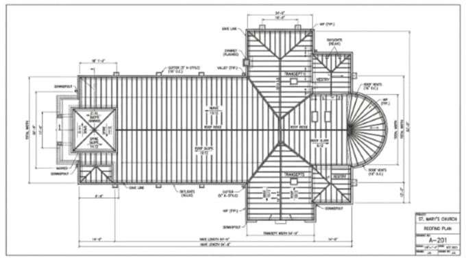 draw 2d church elevation plan, site plan, foundation drawing roofing and framing