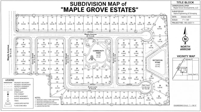 draw and render subdivision map, property map, parcel map and site plan