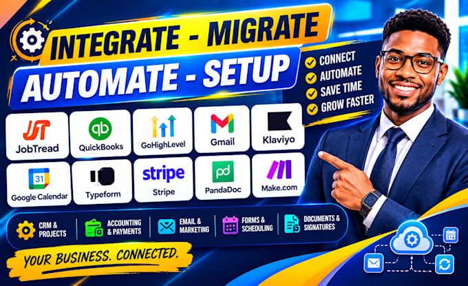 integrate jobtread quickbooks ghl gmail klaviyo google calendar typeform makecom