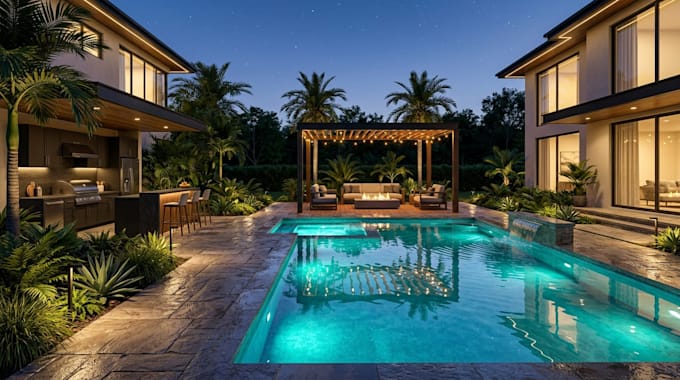 create backyard landscape garden patio pool design and 3d rendering