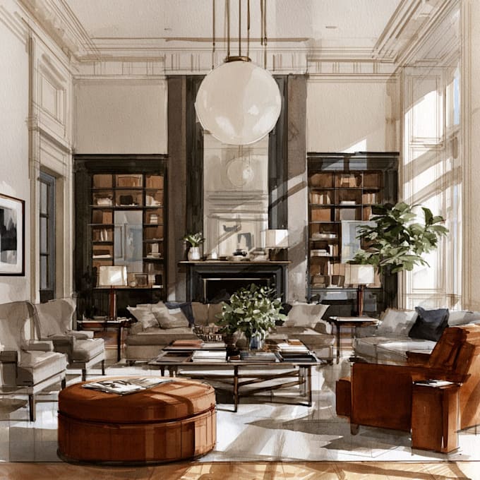 render architecture room interior concept in watercolor