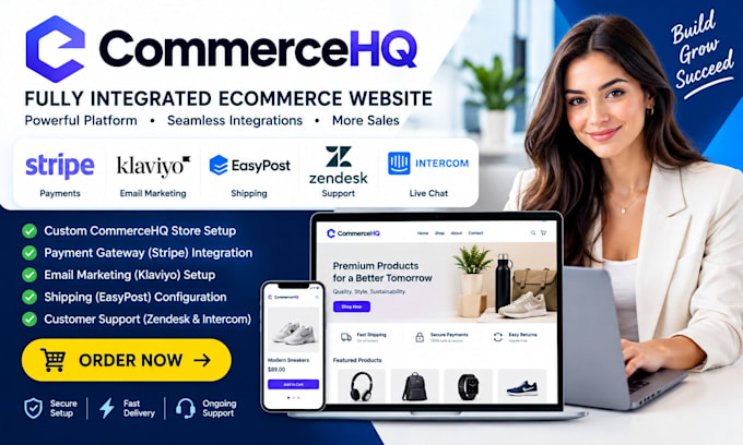 build commercehq ecommerce website with stripe klaviyo easypost zendesk intercom