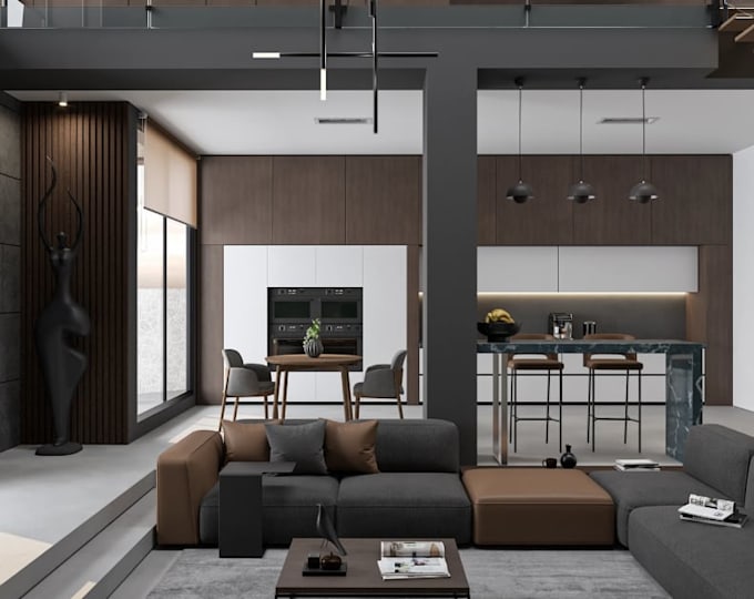 contemporary loft concept,apartment interior layout,bathroom,living space render