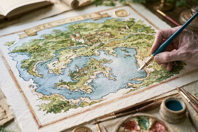 do a watercolor fantasy map or souvenir map illustration