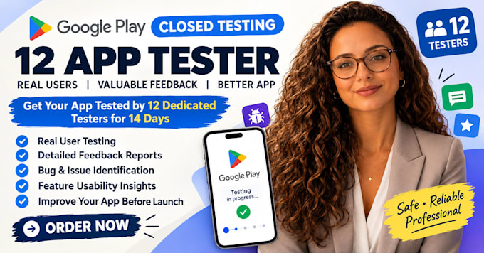 provide 12 testers for google play closed testing for 14 days 12 app tester