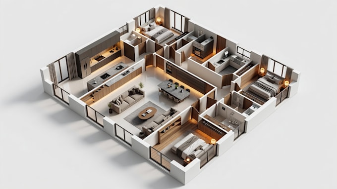 convert 2d floor plan to realistic 3d floor plan rendering
