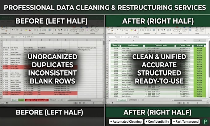 convert PDF to excel, clean messy data, and organize sheets