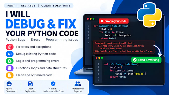 debug and fix your python code and programming errors