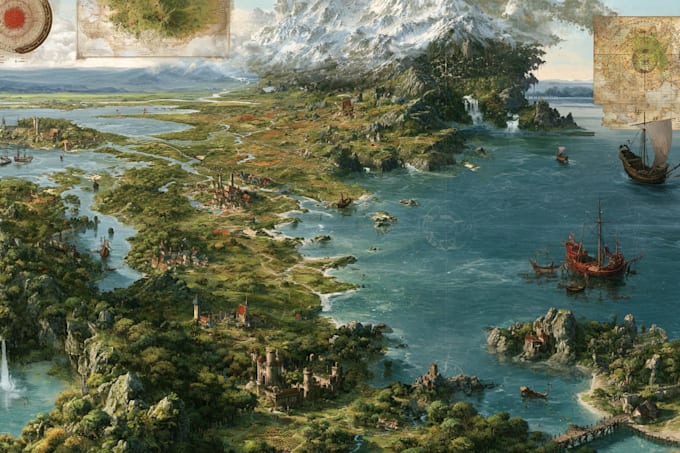 do medieval fantasy map, isometric vector map