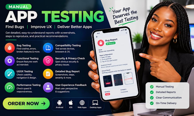 mobile app testing, website testing, bug, usability testing, QA testing