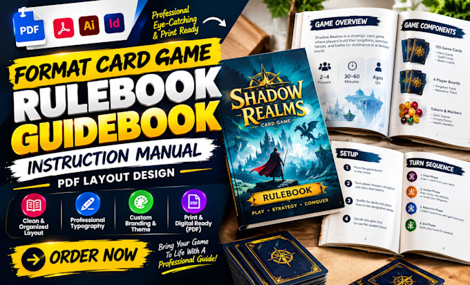 write format card game rulebook guidebook instruction manual PDF layout design