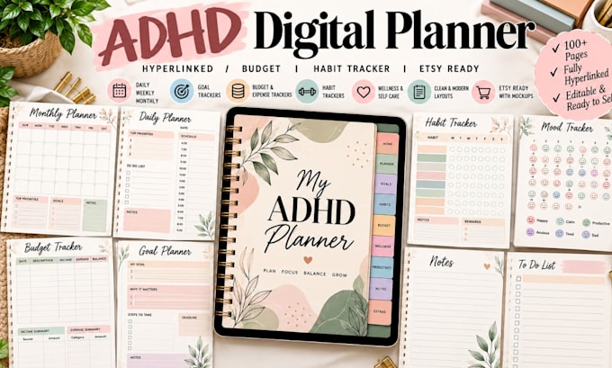 design hyperlinked adhd digital planner budget habit tracker planner for etsy