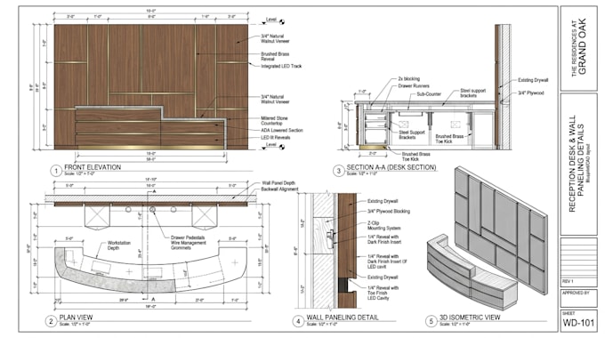 create residential millwork drawings for reception desks and wall paneling