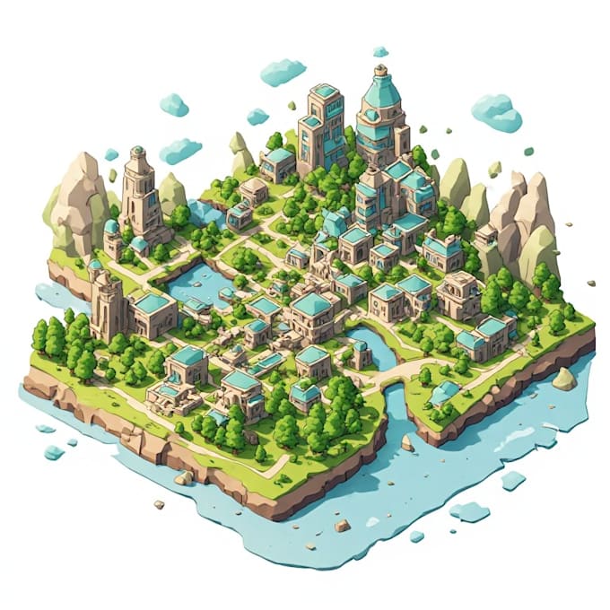 draw a 3d isometric or 3d realistic map illustration