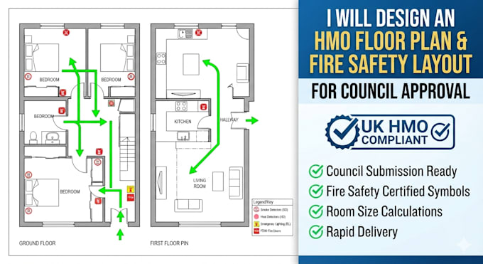design an hmo floor plan and fire safety layout for council approval
