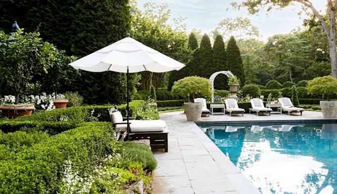 design backyard landscape, garden, patio, pool and 3d rendering