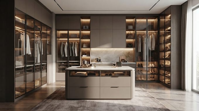 design walk in closet and wardrobe with realistic 3d render