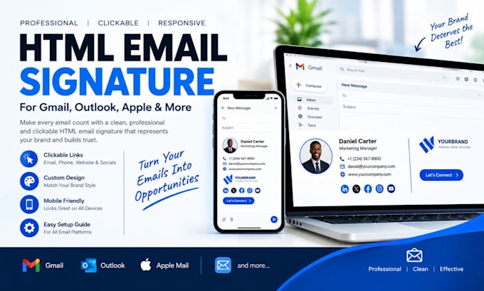 do clickable HTML email signature for gmail, outlook apple mail email design
