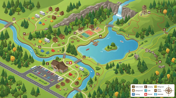 design vector park maps, recreation maps, tourist maps and visitors guides