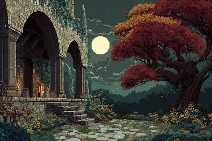 draw pixel art landscapes, backgrounds or scenes