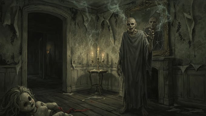 create detailed dark art, gore, creepy horror illustrations