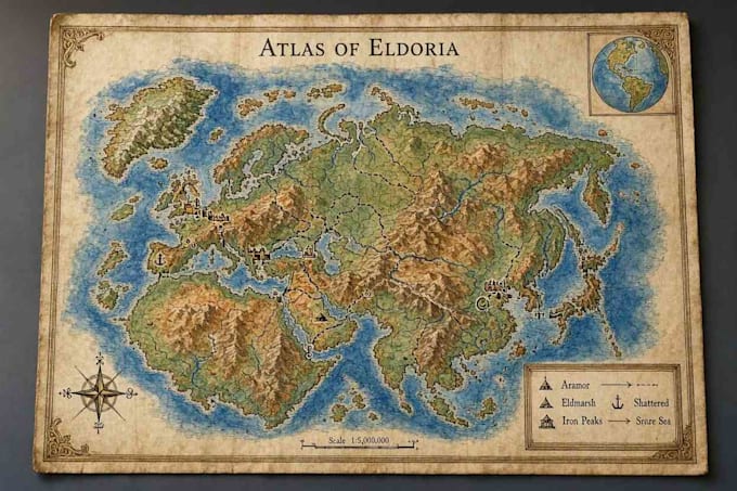 create detailed fantasy map world map map illustration cartography map design