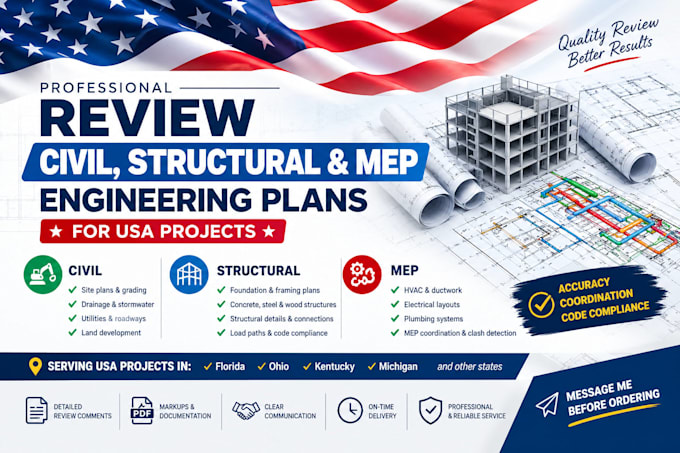 review civil, structural and mep engineering plans for USA projects