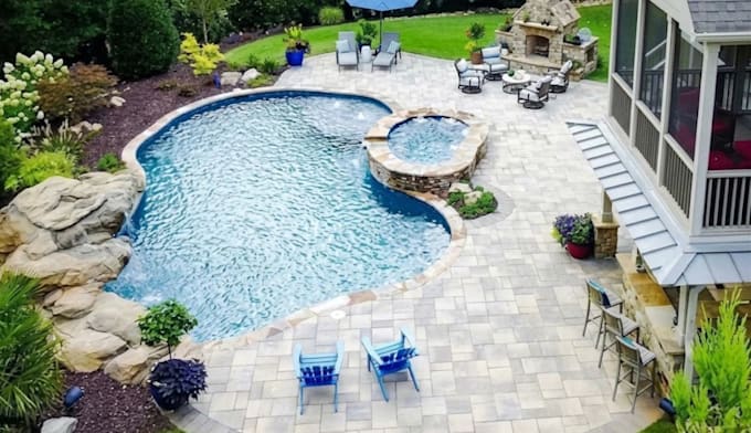 do luxury 3d pool landscape design backyard patio swimming pool render