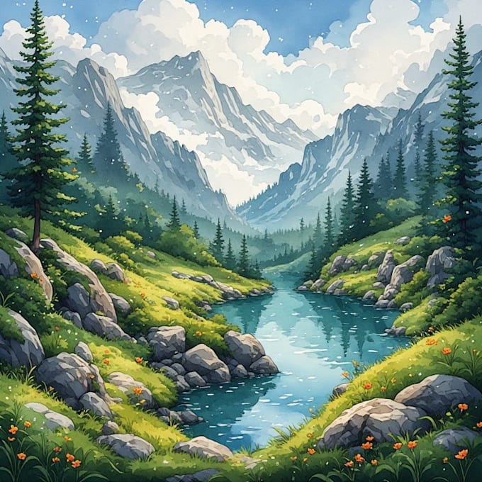 illustrate a watercolor landscape illustration
