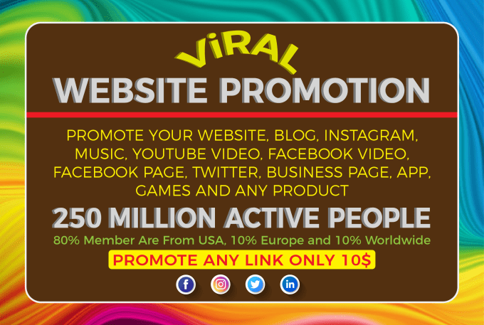 skill_promoter : I will promote your website, blog, music, band and product to 250 million active people for $10 on www.fiverr.com
