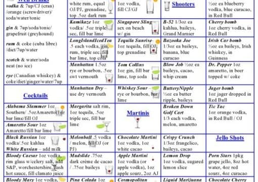 Give you a bartenders cheat sheet in printable pdf format by Bars