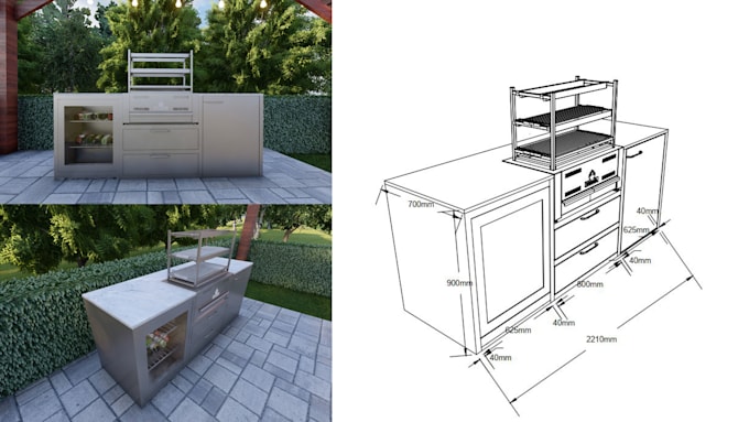 Design your 3d outdoor kitchen with measurements and appliances