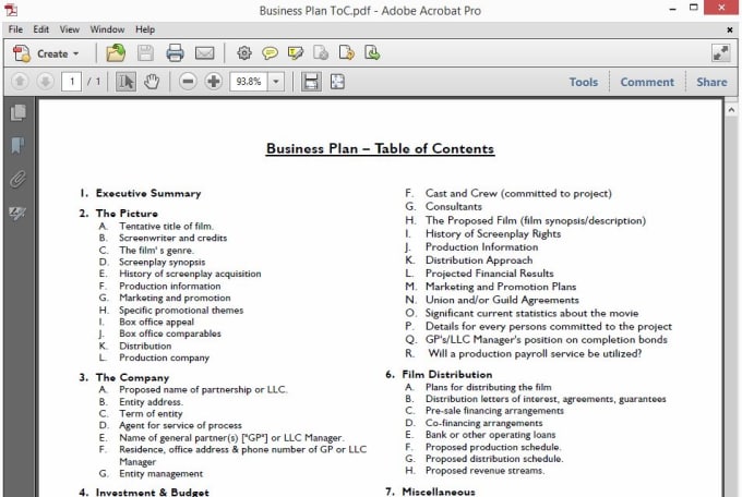 list and explain the content of business plan
