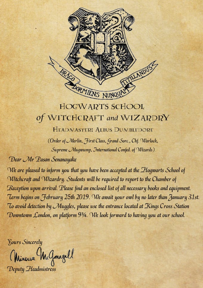 Create Personalized Hogwarts Acceptance Letter By Pasansenanayake