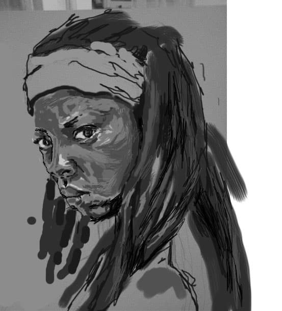 Make a digital painting or drawing portrait in grayscale ...