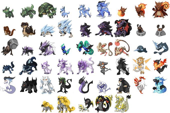 Sprite one, three, or twenty five fakemon in pokemon style by Luxluxray