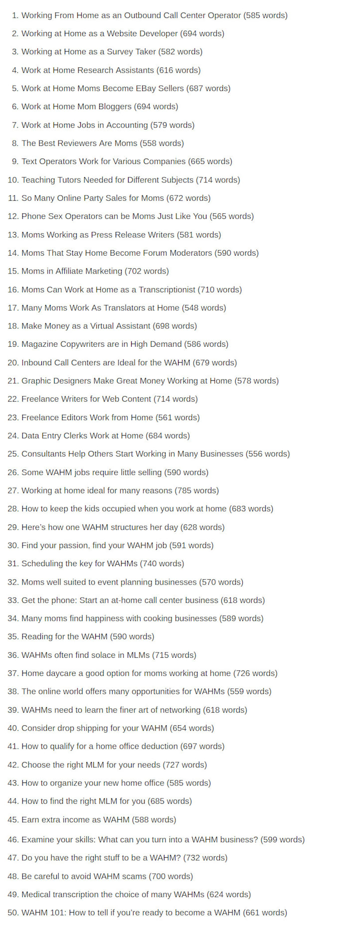 provide 50 articles in XML format for wordpress about work at home moms