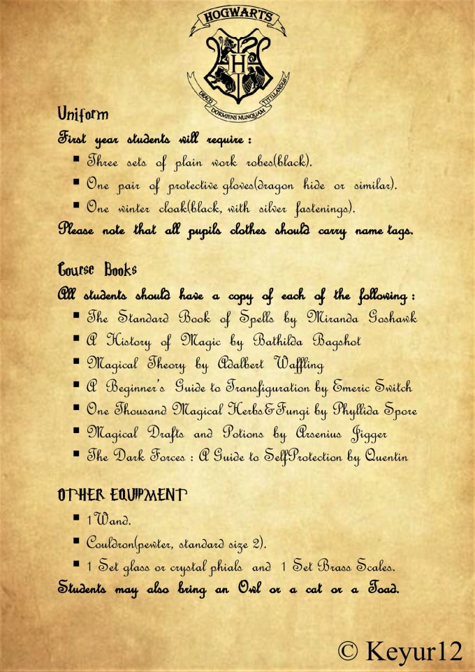 Harry Potter Letter List Of Requirements