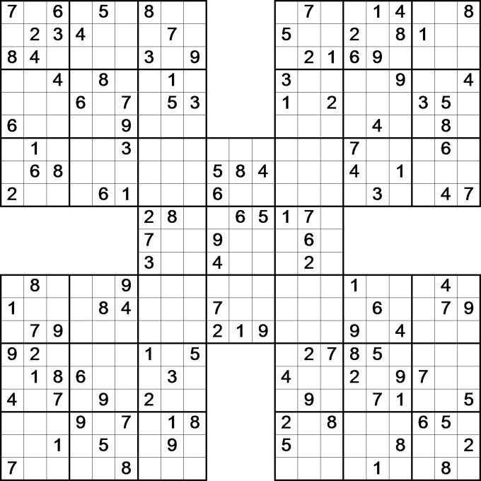 Provide 100 samurai sudoku puzzles by Zagzook