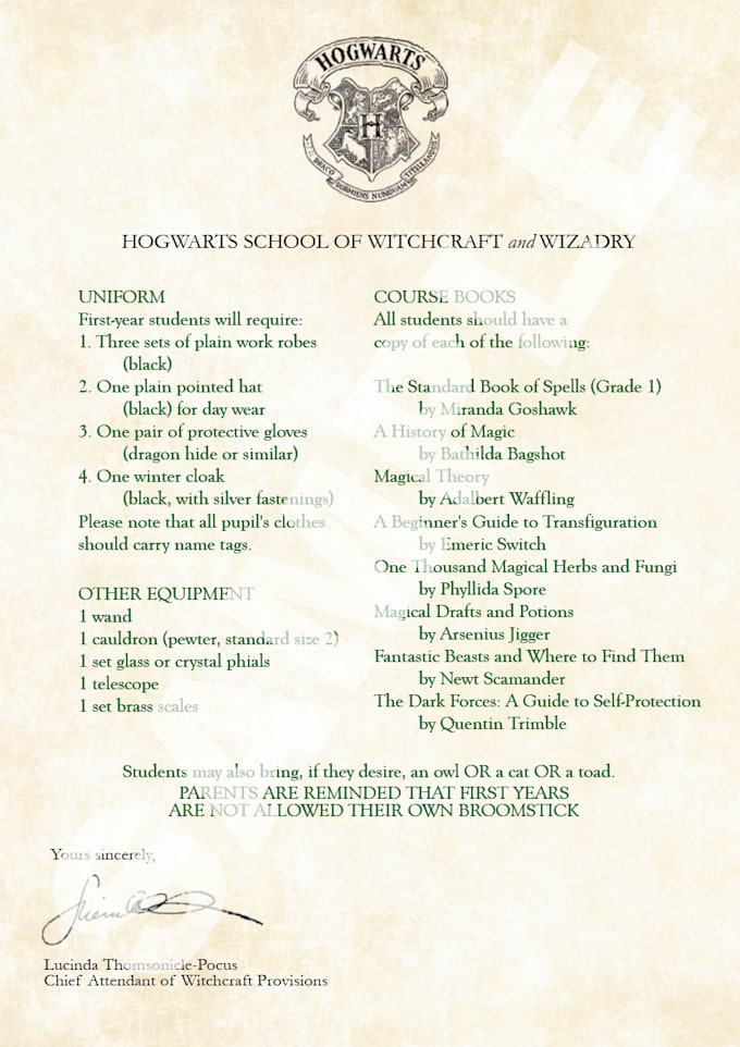 Make you a custom harry potter hogwarts acceptance letter by Designs_at