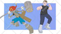 create a trainer, 2 pokemon drawing with simple background