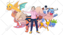 create a trainer, 2 pokemon drawing with simple background