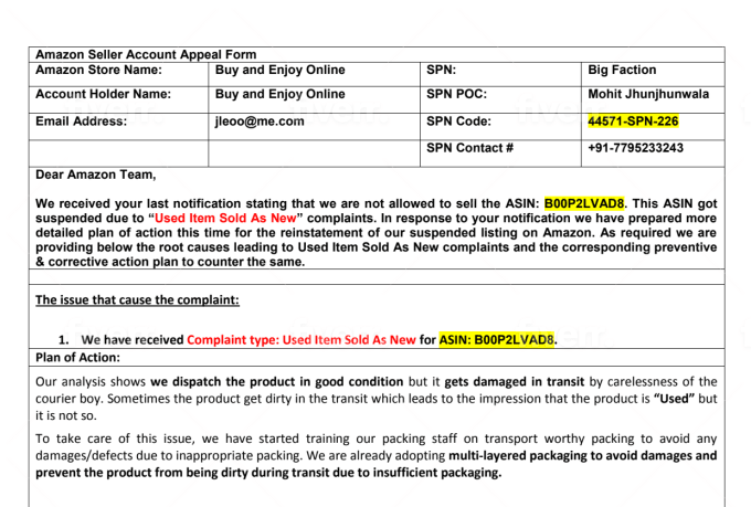 Amazon Suspension Appeal Letter Sample