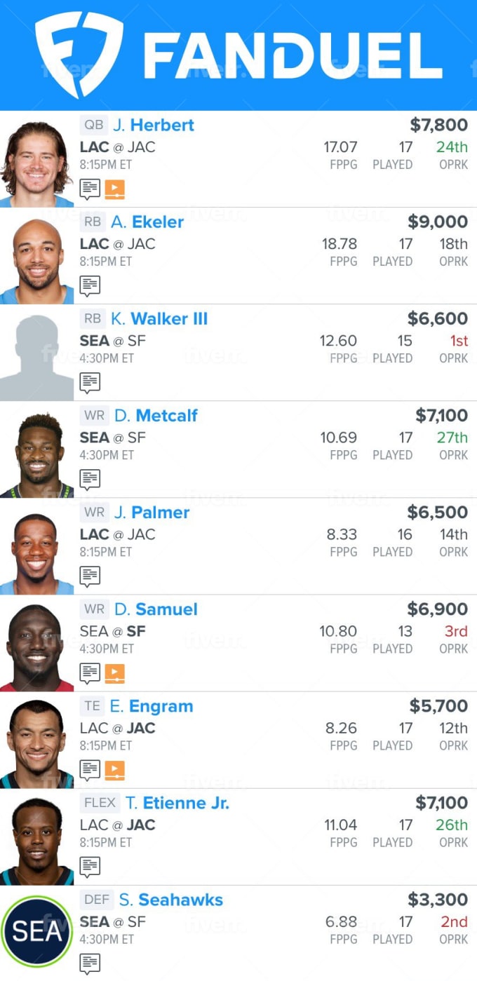 Provide a dfs lineup nfl or nba fanduel only by Crazyivan24