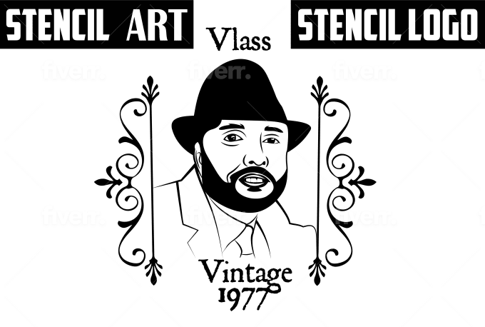 A black and white art, portrait, stencil logo